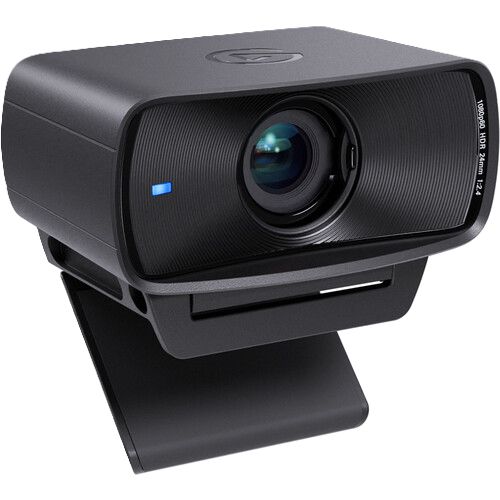 Black webcam with a blue light on a white background