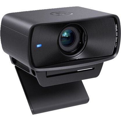 Black webcam with a blue light on a white background