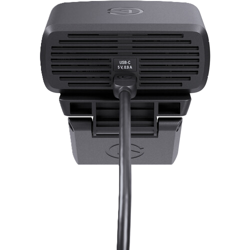 Black Elgato webcam with USB-C cable on a white background