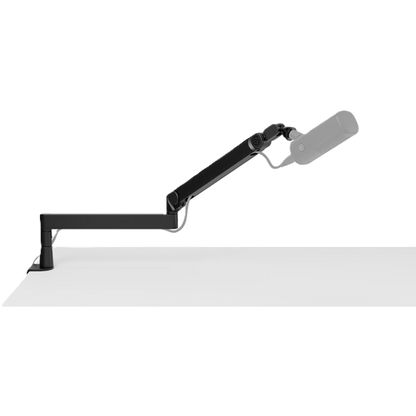 Black adjustable desk microphone arm mount on a white background