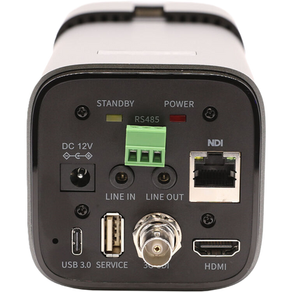 PTZOptics Studio 4K Back view of a device with various ports and labels on a white background