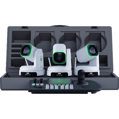 Three video conference cameras with a control panel on a white background