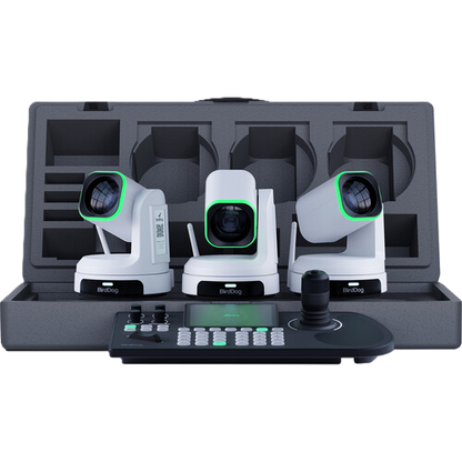 Three video conference cameras with a control panel on a white background
