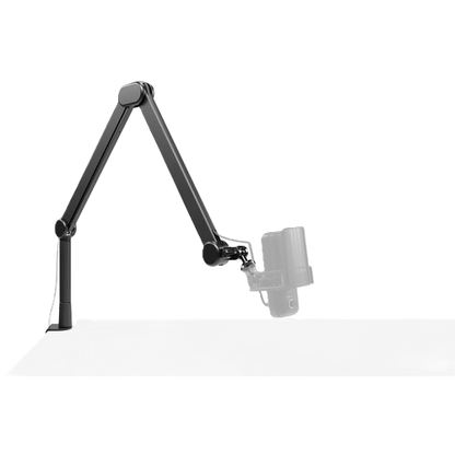 Adjustable arm with a white cylindrical object on a white background