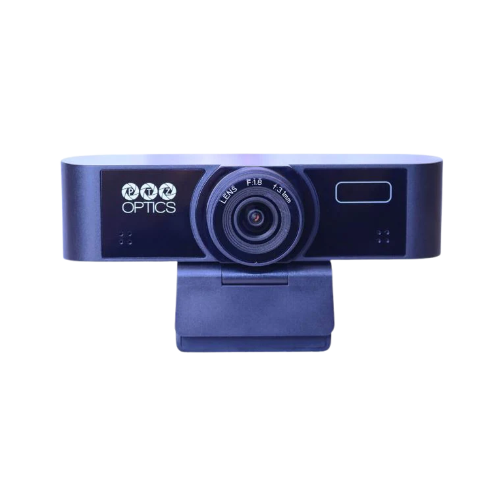 Webcam with 'PTZOptics' branding on a white background