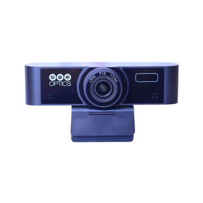 Webcam with 'PTZOptics' branding on a white background