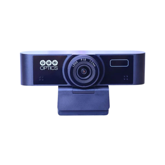 Webcam with 'PTZOptics' branding on a white background