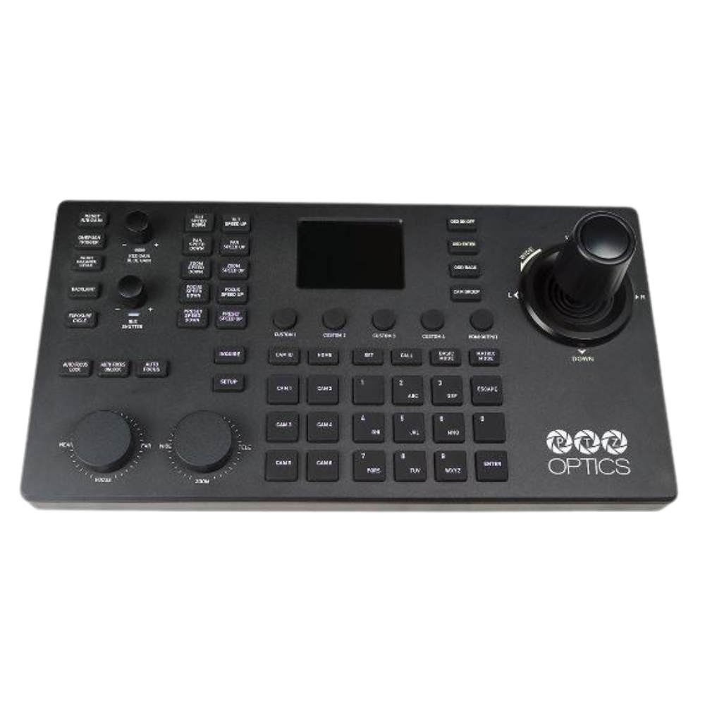 SuperJoy PTZ Controller Black control panel with buttons and joystick on a white background, featuring the 'PTZOptics' brand.