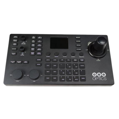 SuperJoy PTZ Controller Black control panel with buttons and joystick on a white background, featuring the 'PTZOptics' brand.