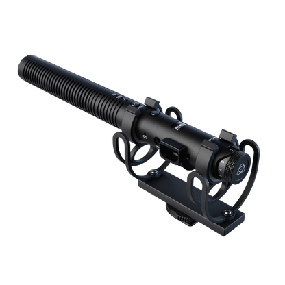 Black microphone with stand on a white background