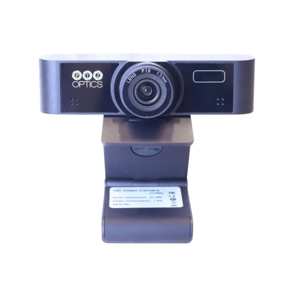 Webcam with 'PTZOptics' branding on a white background
