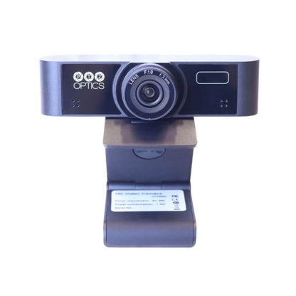 Webcam with 'PTZOptics' branding on a white background