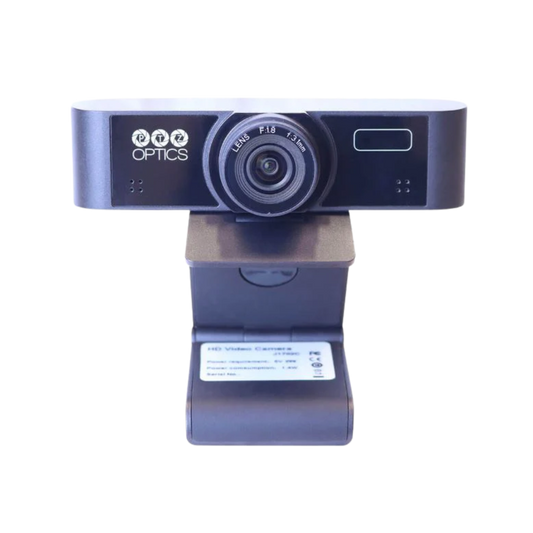 Webcam with 'PTZOptics' branding on a white background