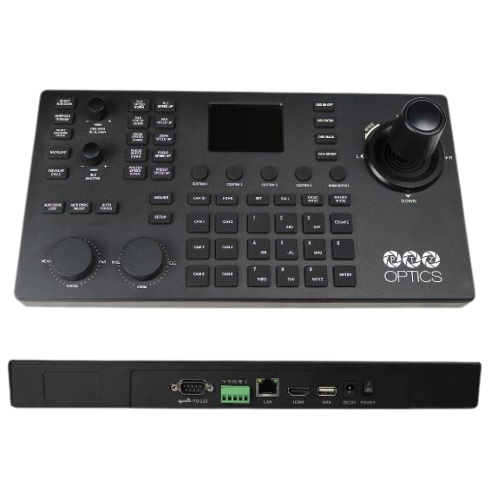 PTZOptics Superjoy IP & Serial PTZ Camera Joystick Controller Black control panel with various buttons, a joystick, and a screen on a white background. Brand 'PTZOptics' visible.