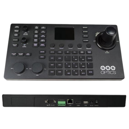 PTZOptics Superjoy IP & Serial PTZ Camera Joystick Controller Black control panel with various buttons, a joystick, and a screen on a white background. Brand 'PTZOptics' visible.