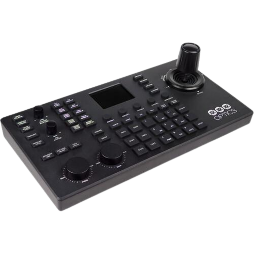 PTZOptics Superjoy IP & Serial PTZ Camera Joystick Controller Black control panel with buttons and a joystick on a white background
