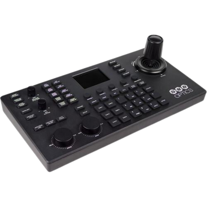 PTZOptics Superjoy IP & Serial PTZ Camera Joystick Controller Black control panel with buttons and a joystick on a white background