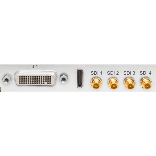 Close-up of the rear panel showing a AJA connector labeled J1, an HDMI port, and four gold RF connectors labeled SDI 1 through SDI 4 on a white device.