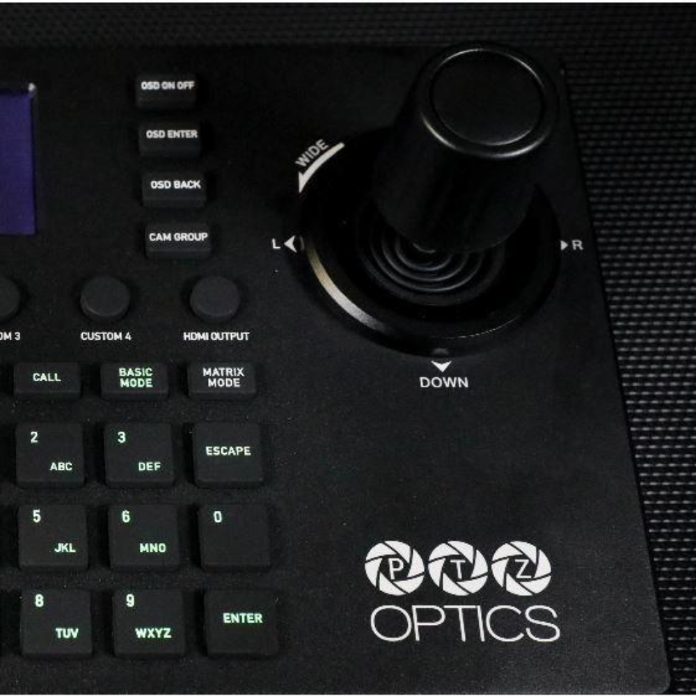 PTZOptics Superjoy IP & Serial PTZ Camera Joystick Controller Control panel with buttons and joystick, featuring PTZOptics logo.