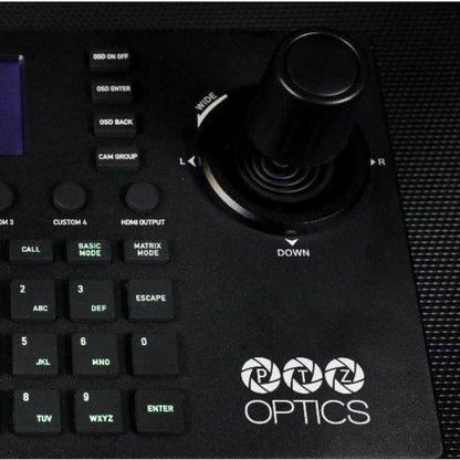 PTZOptics Superjoy IP & Serial PTZ Camera Joystick Controller Control panel with buttons and joystick, featuring PTZOptics logo.