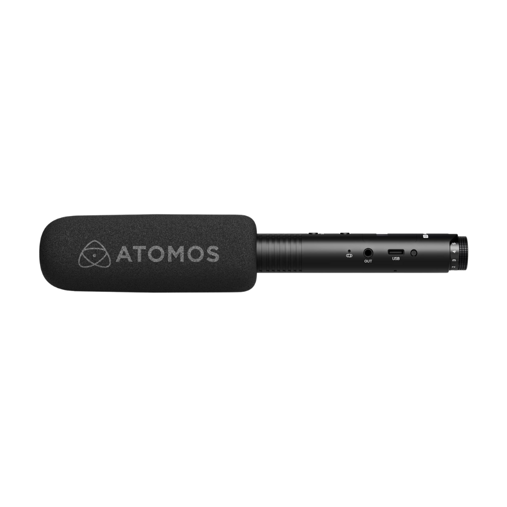 Black microphone with Atomos logo on a white background