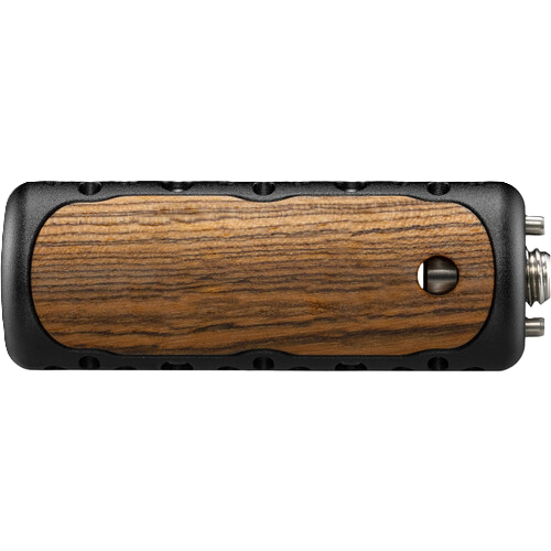 Wooden handle with black metal accents on a white background