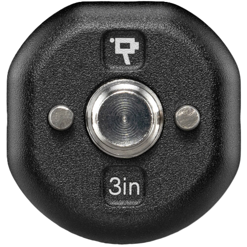 Black camera lens cap with '3in' marking on a white background