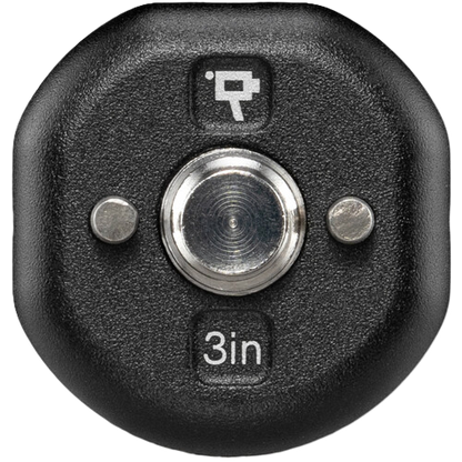 Black camera lens cap with '3in' marking on a white background