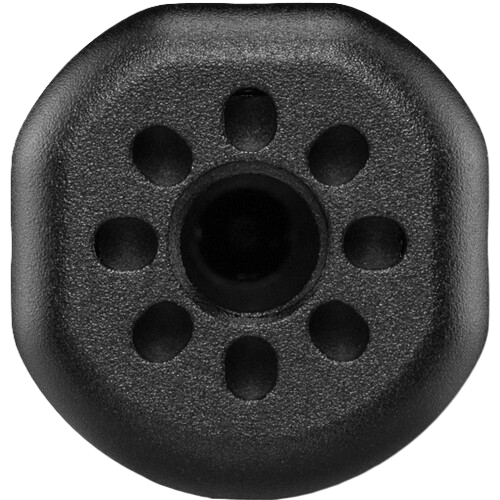 Black rubber grommet with multiple holes on a white background