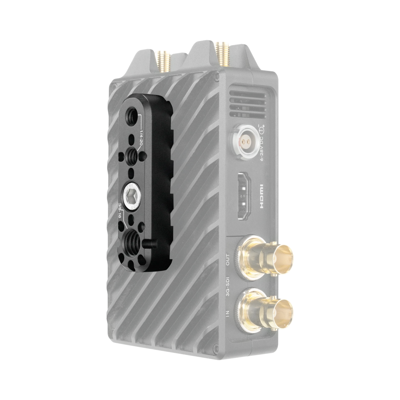 A compact electronic device with a ribbed gray body, a black mounting plate on the front, and multiple gold-plated connectors, shown on a plain white background.