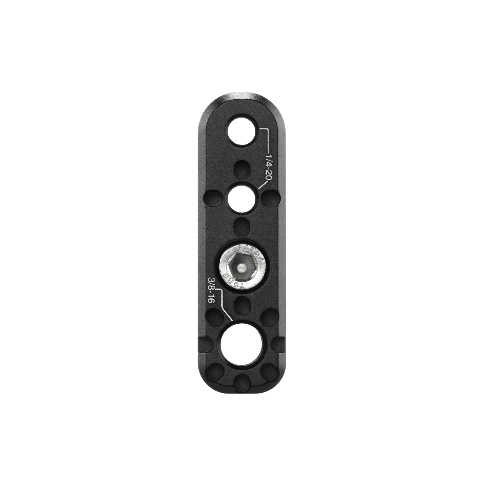 A black anodized aluminum quick-release camera lens clamp with a central silver hex socket and white technical specifications printed on the surface, shown against a plain white background.