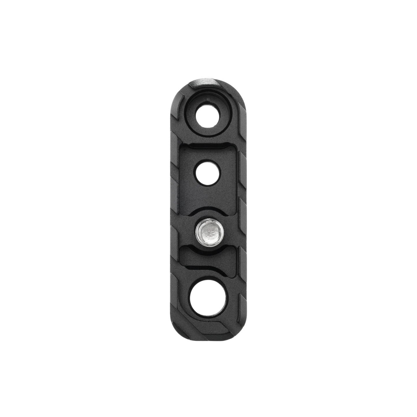 A black textured metal mounting bracket with three circular holes and a central silver screw, shown on a plain white background.