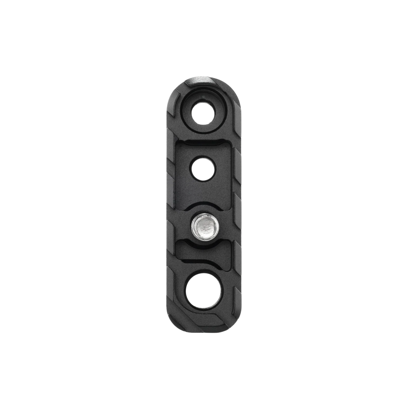 A black textured metal mounting bracket with three circular holes and a central silver screw, shown on a plain white background.