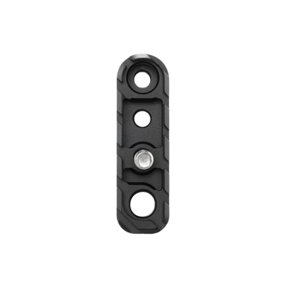 A black textured metal mounting bracket with three circular holes and a central silver screw, shown on a plain white background.