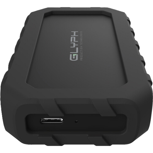 Black external hard drive with Glyph logo on a white background