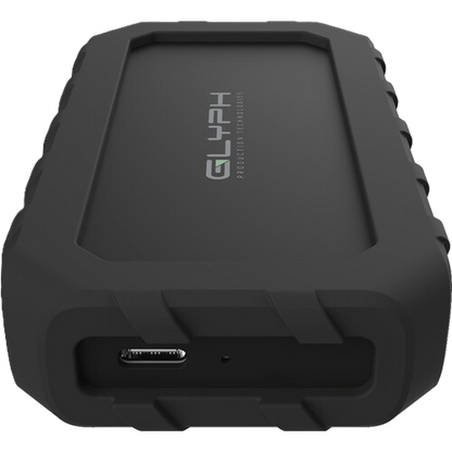 Black external hard drive with Glyph logo on a white background
