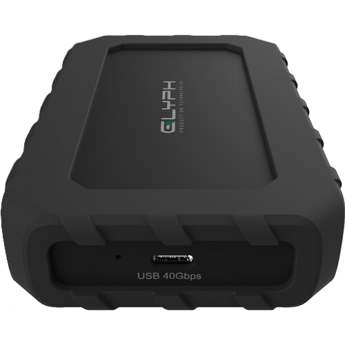 Black external hard drive with Glyph logo on a white background