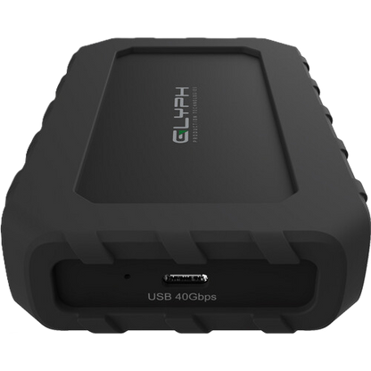 Black external hard drive with Glyph logo on a white background