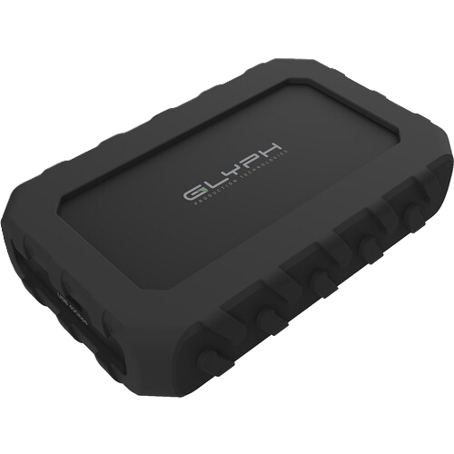 Black rugged external hard drive with 'Glyph' branding on a white background