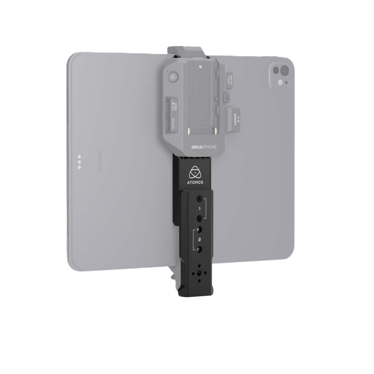 Phone holder with Atomos and Ninja logo on a white background