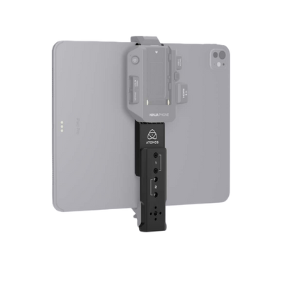 Phone holder with Atomos and Ninja logo on a white background