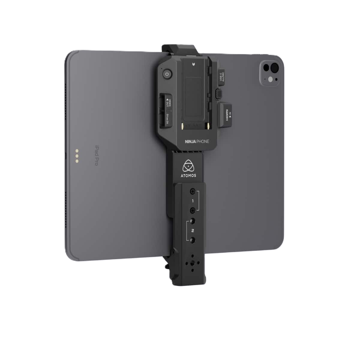 Black device with multiple ports and connectors on a white background