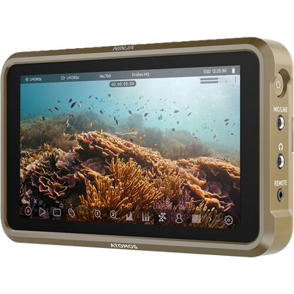 ATOMOS Ninja monitor displaying an underwater scene with coral and fish on a white background