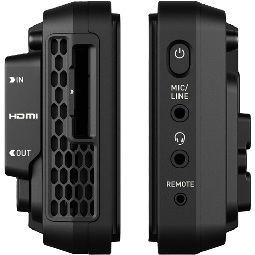 Atomos NINJA TX GO Black electronic device with various ports and labels on a white background