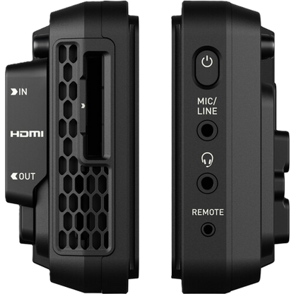 Atomos NINJA TX GO Black electronic device with various ports and labels on a white background