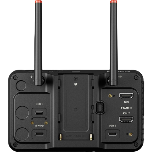 Atomos NINJA TX GO Back view of a device with multiple ports and antennas on a white background