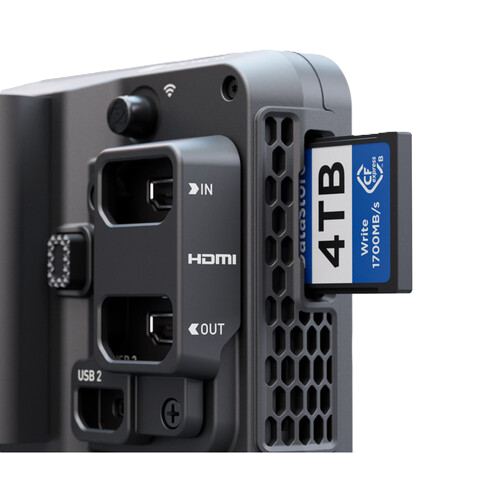 Atomos Ninja TX GO Electronic device with HDMI, USB 2, and SD card slot on a white background