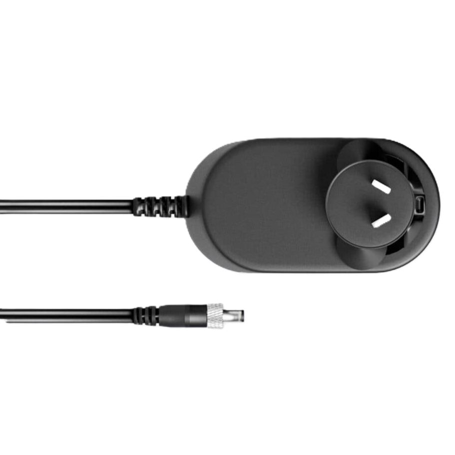 A black power adapter with a two-pin Australian plug and a black cable, shown on a plain white background.