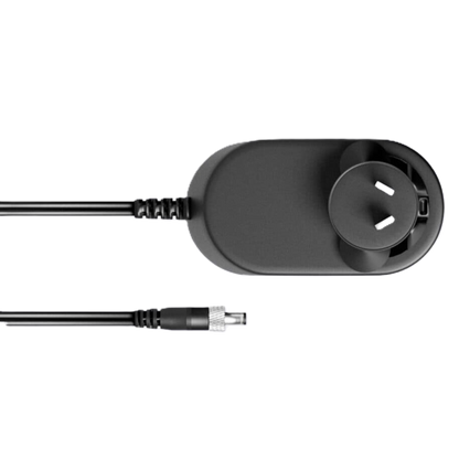A black power adapter with a two-pin Australian plug and a black cable, shown on a plain white background.