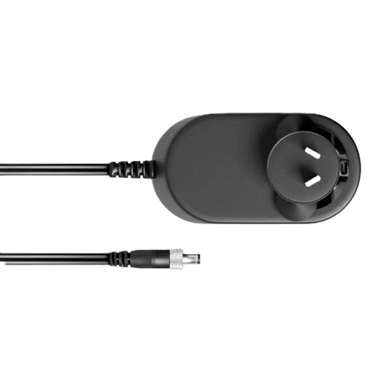 A black power adapter with a two-pin Australian plug and a black cable, shown on a plain white background.